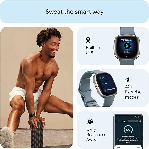 Fitbit Versa 4: Advanced Fitness Smartwatch with Built-in GPS + 24/7 Heart Rate, Daily Readiness Score, 40+ Exercise Modes, Sleep & Stress Tracking | 1-Year Warranty, 14-Day Hassle-Free Returns + Free Airpods